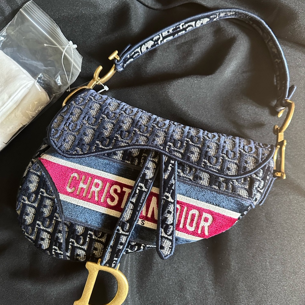 Logo embroidered oblique velvet saddle bag - like new